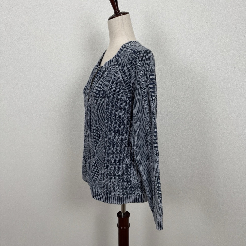 Womens Fisherman Knit Zip Front Sweater Blue Textured Coastal Cardigan Layering - Picture 6 of 13